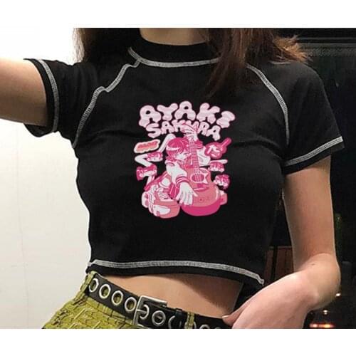 Summer Goth Sexy Female Tee Aesthetic anime girl And Letter Printing black Crop Tops Y2K Short Sleeve Harajuku Womens t-shirts