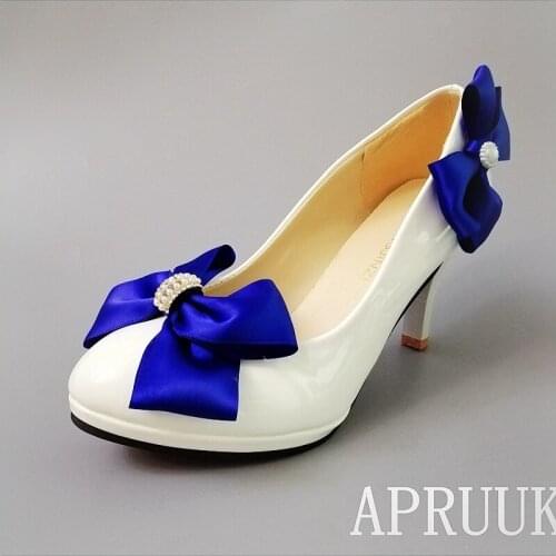 9CM high heels platforms royal blue bow butterfly-knot pumps shoes for woman zapatos de novia ladies party wedding blue pumps