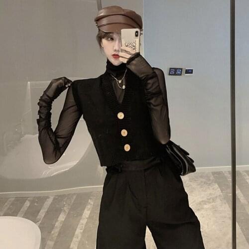 Womens Vest Jacket 2021 New Spring and Autumn Black Outer V-neck Sweater Short Vest Trend