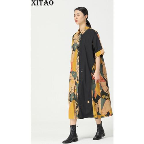 XITAO Print Pattern Dress Fashion New Women Elegant Single Breast Half Sleeve Goddess Fan Casual Style 2021 Summer LDD1044