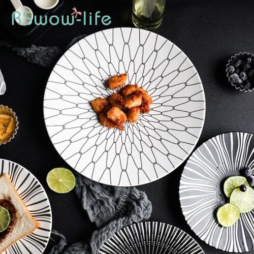 26.5*26.5cm Ceramic Plate Black and White Lines Western Restaurant Charger Plate Pasta Steak Plates Serving Dish For Tableware