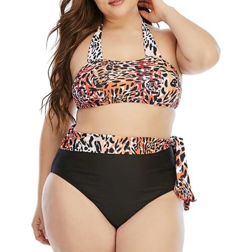 Womens Fashion Leopard Print Splicing Split Halter Large Size Swimwear Women Swimsuit Padded Bathing Suit Monokin Biqiuni