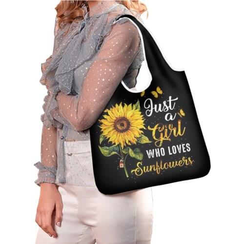 Eco-Friendly Grocery Bags You Are My Sunshine Fabric Shoulder Bag Sunflower Foldable Shopping Bag Black Tote for Ladies