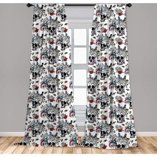 Gothic Window Curtains Day of The Dead Inspired Human Skulls Design with Colorful Flowers Mexican Tradition Curtain