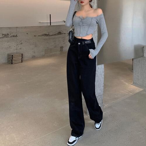 Chinese new womens trousers personality fashion black high waist loose hanging feeling drag jeans wide foot trousers spot