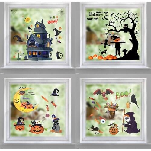 Halloween Wall Sticker Pumpkin Witch Bat Ghost Glass Window Sticker Home Decor Mural PVC Self Adhesive Decal Haunted House Props