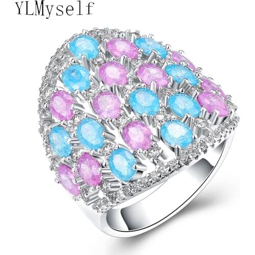 Very pretty ring luxury trend jewellery high end workmanship colorful Pink Blue oval Crystal female jewelry Big size rings