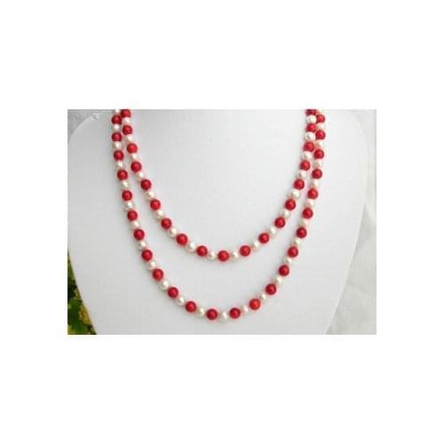 Natural round red coral 7-8MM Freshwater pearl necklace