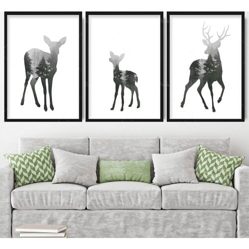 Prints Forest Fog Doe Fawn Stag Woodland Art Print Nordic Wildlife Animal Gallery Wall Poster Decor Gift