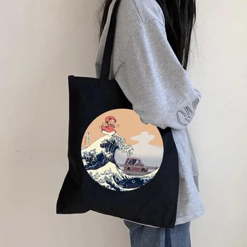 Handbag Hokusai On The Cliff By The Sea Fashion Korean Shopping Bag Black Vintage Canvas Shoulder Bag Khaki Hip Hop Tote Women