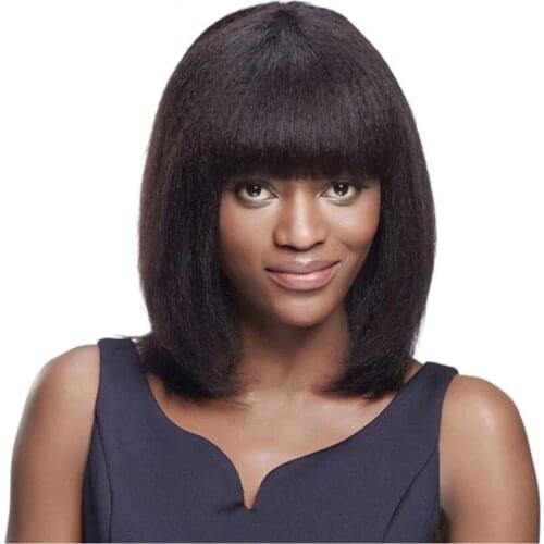 Yaki Human Hair Bob Wigs Kinky Straight Women Peruvian Remy Hair Scalp Top Wig Human Hair Silk Base Wig with Bangs Natural Color