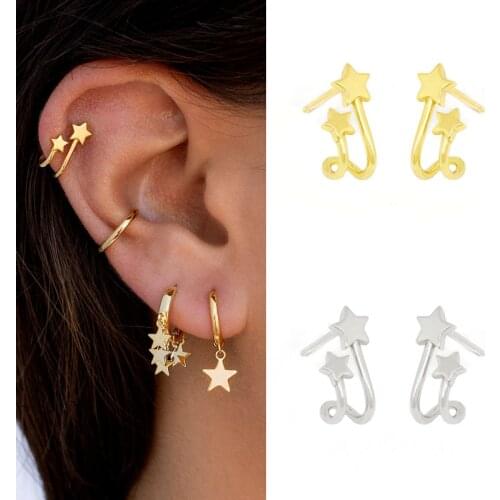 ISUEVA Simple 18K Gold Filled Double Star Ear Suspender Cartilage Stud Earrings For Women Girl Trendy Earrings Jewelry Bijoux
