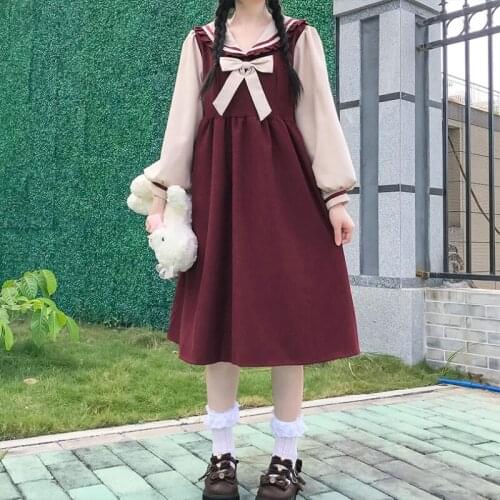 2021 New Japanese Style kawaii clothing sweet lolita dress College Style Sailor Collar High Waist Long Sleeve fairy dress