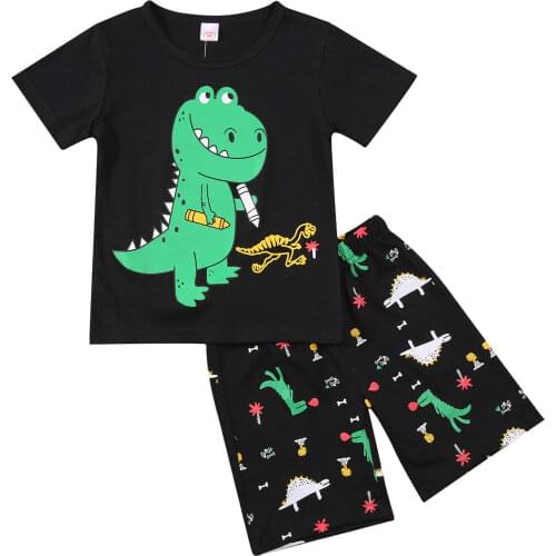 2 Pcs Children Sets Fashion Toddler Summer Outfits Baby Boy Dinosaur Print Short Sleeve Round Neck T-Shirt Shorts