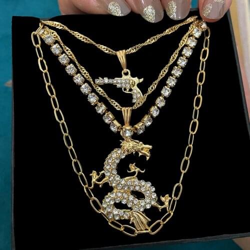 JUST FEEL Multi Layer Crystal Dragon Pistol Pendants Necklace for Women Bling Rhinestone Tennis Chain Choker Necklaces Jewelry
