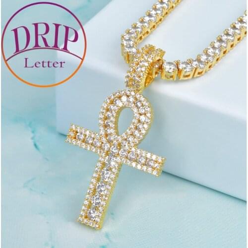 Ankh Cross Pendant Gold Color Iced Zircon Copper Material Egyptian Key Necklace Men Women Hip Hop Rock Street Jewelry