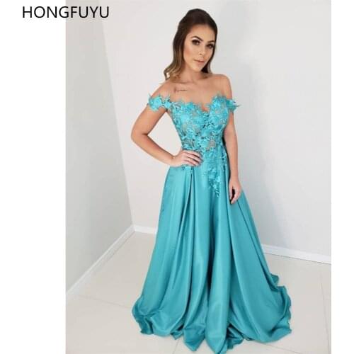 HONGFUYU Elegant Off Shoulder Prom Dresses Long 2021 A-line Illusion Lace Formal Dress Peacock Blue robe de soiree Evening Gowns