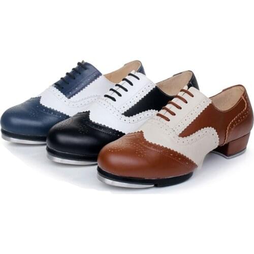 Men Shoes Sneakers Sports Women Genuine Leather Tap Dance Shoes Color Matching Lace Breathable High Quality Aluminum Rubber Sole