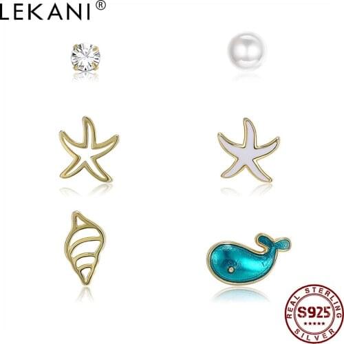 LEKANI 925 Sterling Silver Cute Whale Conch Sea Star And Round Zircon Pearl Earrings Sets For Women Golden Tiny Stud Earring
