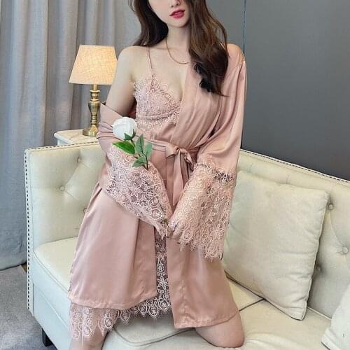 M-XL Women Lace Floral Satin 2PCS Robe Gown Set Loose Full Sleeve Kimono Bathrobe&Nightdress Bride Dressing Gown Satin Home Wear