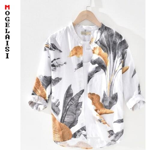 Fashion Printed shirt men high quality Three quarter flax shirts man tops New 2021 spring clothing chemise homme 1816