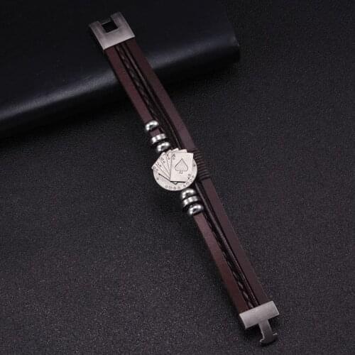 Punk Poker Style strand Beads Chain Link Cuff Men Women Sporty Bracelets Vintage Braided Genuine Leather Charm Bangles