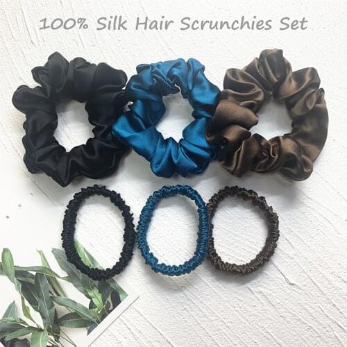 100% Silk Hair Scrunchies Set Fashion Hair Rope Ponytail Holder for Women Girls Hair Accessories Width 3.5cm and 1cm