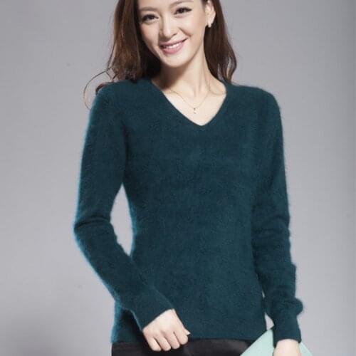 2019 Autumn Winter Womens V-neck 100% Mink Cashmere Sweaters Pullover Soft Warm Cashmere Sweaters Women Knitted Basic Sweater