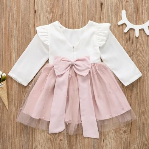 1-8Years Autumn Baby Girls Kids Princess Formal Dress Kids Bow knot Pearls V-Neck Long Sleeve A-Line Dresses For Toddlers