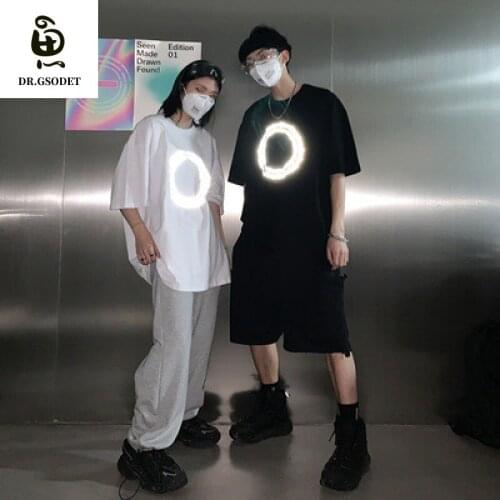 GSODET T-Shirt Couple O-Neck Loose Shoulder Sleeve Korean Trend Reflective Letter Printing Top for Men and Women