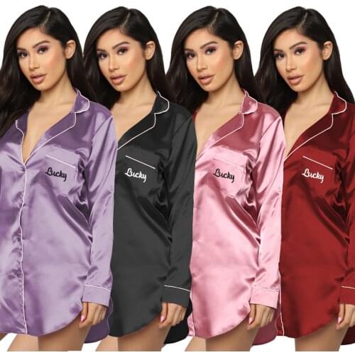 Echoine Letter Embroidery Long Sleeve Sleepwear Shirt Dress Silk Satin Nightgown Lady Sexy Night Dress Women Nighties Sleepwear