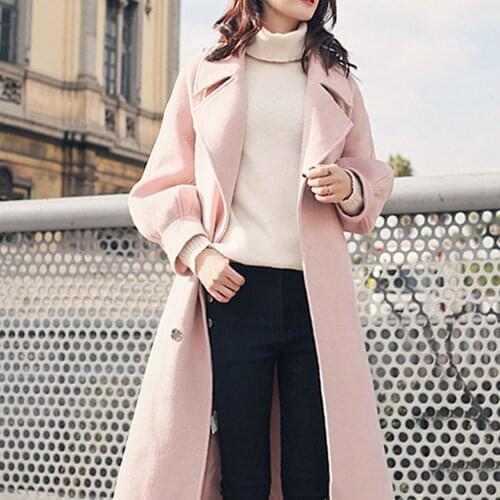 Wool Trench Coat Plus 2021 New Velvet Female Fashion Pink Elegent Long Overcoat Autumn Winter Women Casual Lantern Sleeve Slim