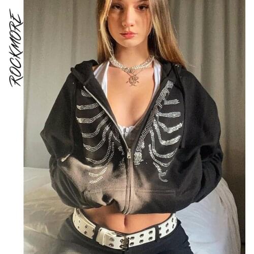 Rockmore Rhinestone Hoodies WomenS Oversized Sweatshirts Harajuku Pockets Hooded Zip Up Jacket Femme y2k Autumn Grunge Top 2021