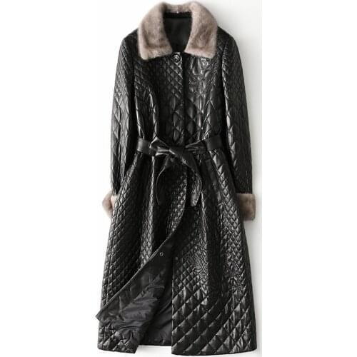 High End Winter Mink Collar Black Printed Leather Down Jacket Womens 2021 Slim Sheepskin Covered Button Warm Thick Warm Coat