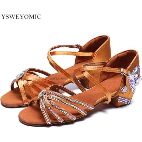 Women Satin Dance Shoes Flower Rhinestone On Low Heel 3.5cm For Practise Competition Girls Salsa Latin Dance Shoes With Diamond