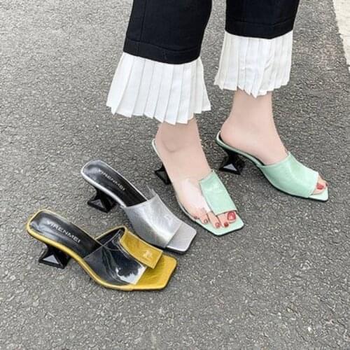 Womens slippers 2020 summer new wear-resistant transparent film PVC word drag square head open toe high heels