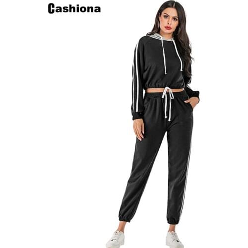 2021 Fashion Hoodies Women Two Piece Set Long Sleeve Crop Top Casual Loose Pants Set Plus size Woman Stripe Tracksuit Streetwear