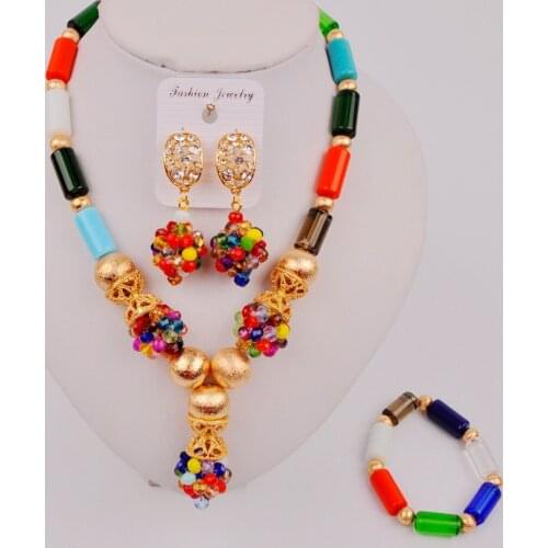 Colorful Costume Necklace African Jewelry Set Women Nigerian Traditonal Wedding Beads Sets ZQ2-6