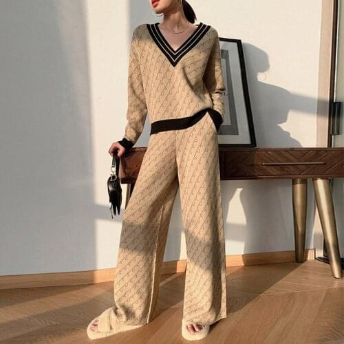 Womens pullover V-Neck sweater Pants two-piece autumn knitted wide-leg pants knitted set Matching Sets Womens Pant Sets