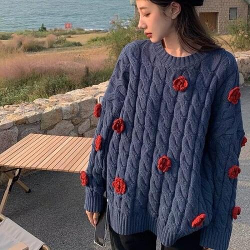 2021 Autumn Winter Women Sweater Korean Flower Knitted Pullover Tops Casual Long Sleeve Round Neck Jumpers Pull Femme Y142