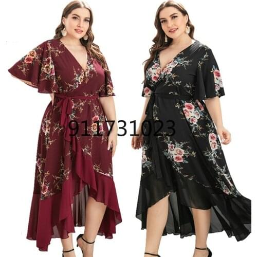 2021 Hot Sale European And American Style V-Neck Plus Size Ruffles Printed Dress For Women