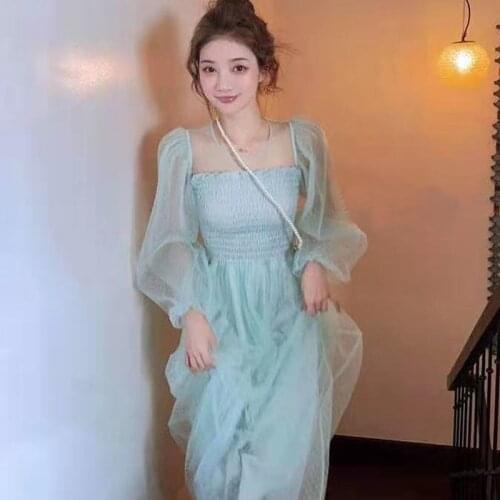 Bella 2021 Summer Chic Dress Mesh Dress Korean Square Collar Elegant Vintage Lace Dress Women Beach Party Fairy Dress Kawaii