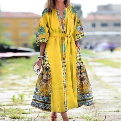 Women Vintage V Neck Tassel Party Long Dress Casual Floral Print Female Dresses Loose Three Quarter Puff Sleeve Dresses Vestidos