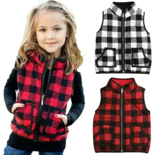 Little Girls Autumn Winter Waistcoats Kids Plaid Vests Coats Toddler Kids Baby Girl Plaid Zipper Jacket Waistcoat Casual Outwear