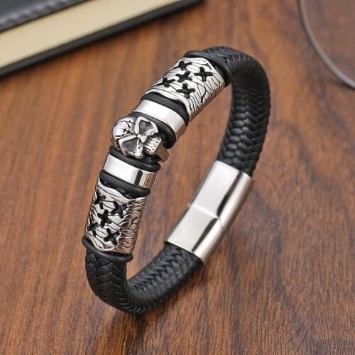2021 Fashion 316l Stainless Steel Magnetic Ghost Bracelet Leather Real Woven Punk Rock Bracelet Jewelry Accessories Bracelet