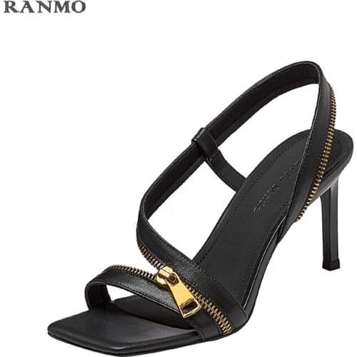 2021 Summer New Square Toe Open Toe Sandals Womens Shoes Metal Zipper Decoration Sexy High Heels Leather Sandals Women Sandals