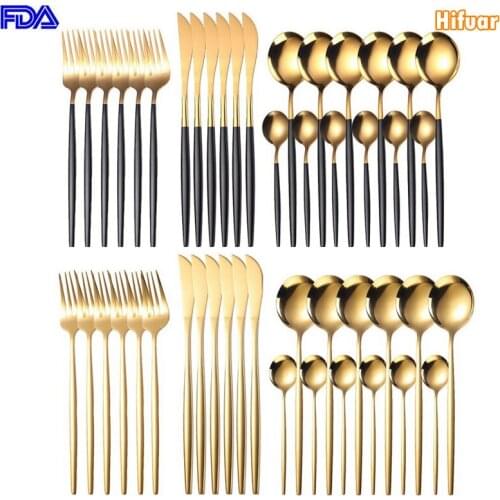 24pcs Cutlery Stainless Steel Tableware Kitchen Cutleri Fork Gold Utensils Dinnerware Set Black Knife Knives Spoon Dinner Travel