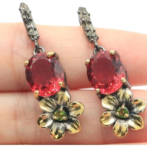 54x15mm Neo-Gothic Vintage Created Smokey Topaz Womans Jewelry Making Black Gold Silver Earrings