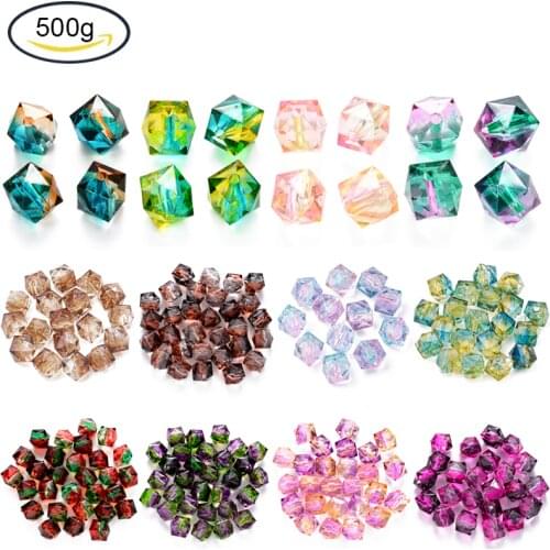 500g Two Tone Transparent Spray Painted Acrylic Beads, Polygon, Pink, 7.5x8x8mm/10x10x9.5mm, Hole: 1.8mm, about 1690pcs/500g