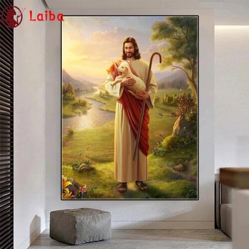Diamond Embroidery Jesus Christ God With Lamb Vintage Full Square round Diamond Mosaic Art Painting Cross Stitch Wall Decor